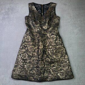 Nicole Miller New York Black Gold‎ Metallic Floral Brocade Dress 6 | Fit & Flare